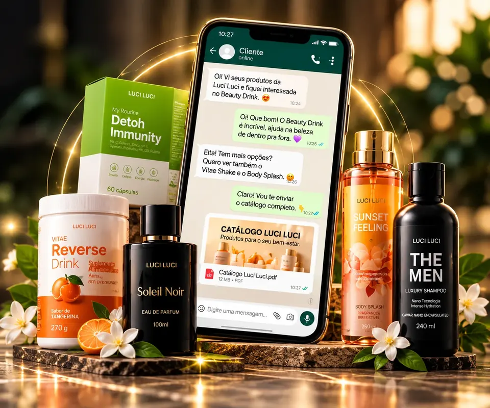 Produtos reais Luci Luci — Soleil Noir, Reverse Drink, Detoh Immunity, The Men e Sunset Feeling